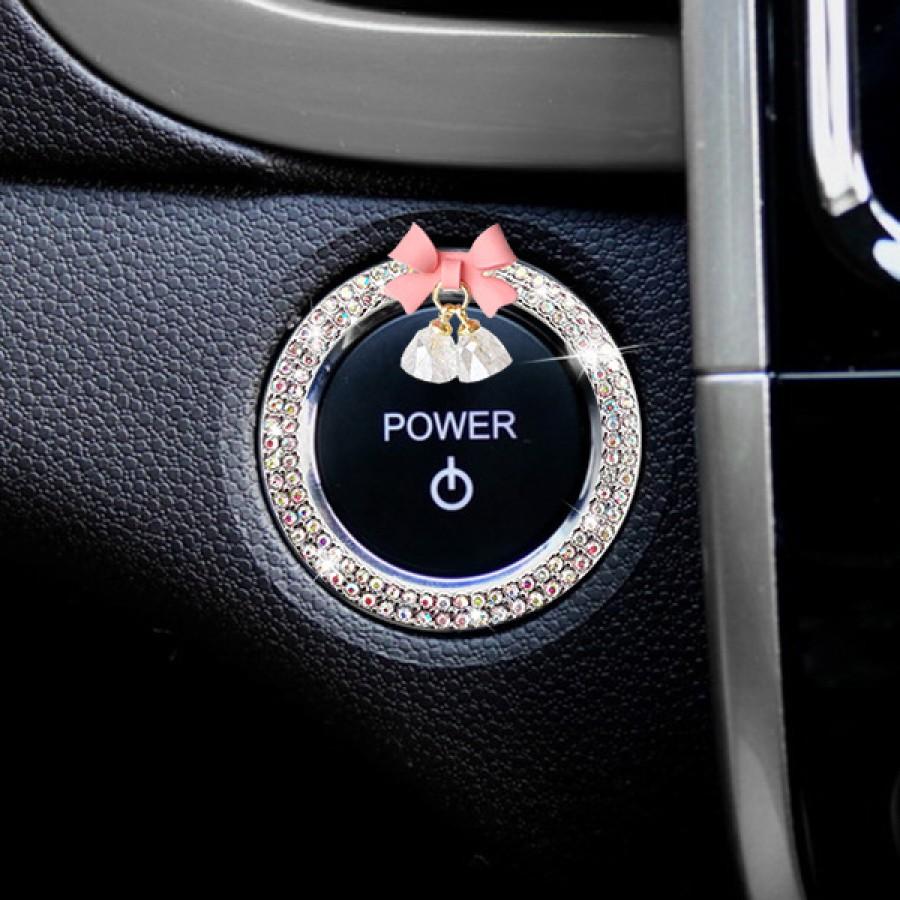 Crystal Bow Bell Engine Ignition Onekey Start Stop Push Button Switch Protective Cover Bling Girls Auto Accessories Car Decor
