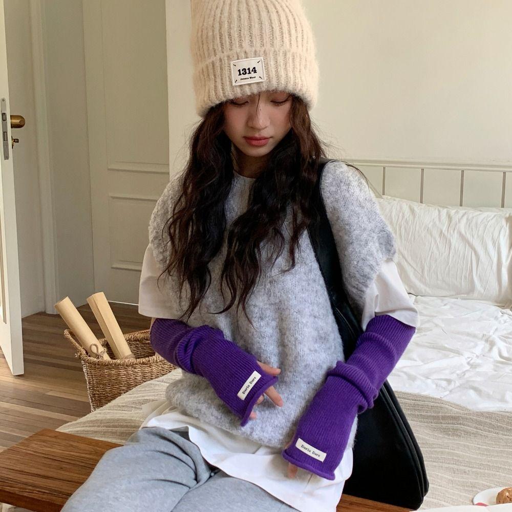 

Hole Knitted Warm Sleeves Solid Color Long Fingerless Sleeves Hand Covers Woolen Arm Gloves JK style9