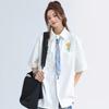 Floral Graffiti Printed Female's Shirts Summer Short Sleeved Single Breasted White Blouses Loose Lapel Tops with Pocket