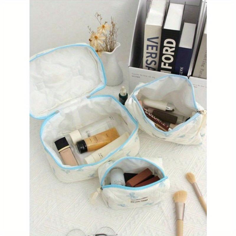 Cute Pink Bow Print Travel Cosmetics Bag, Multi-Function Cosmetics Handbag Purse Bag Portable Cosmetics Brush Storage Handbag