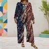 Women Plus Size Round Neck Long Sleeve Printed Top And Wide Leg Pants Two Piece Set