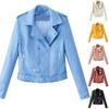 Lady Leather Long Sleeve Lapel Zipper Button Pocket Motorcycle Jacket Short Coat
