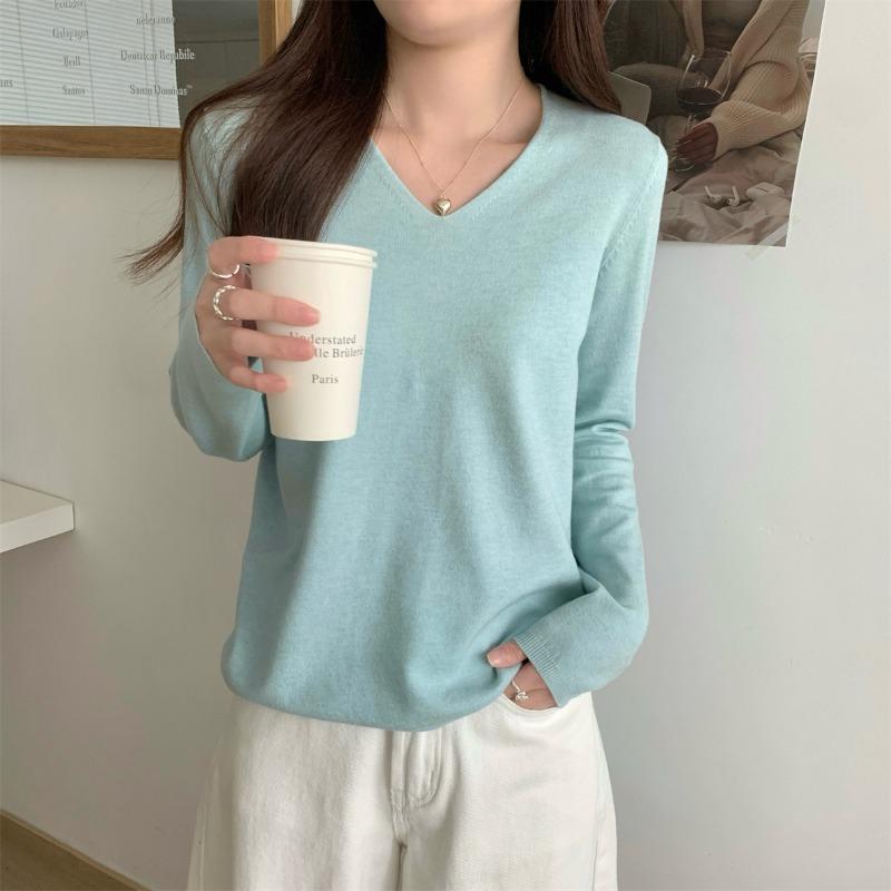 Autumn Winter V-neck Solid Color Simple All-match Bottomed Knitting Top Women Long Sleeve Casual Pullover Sweater