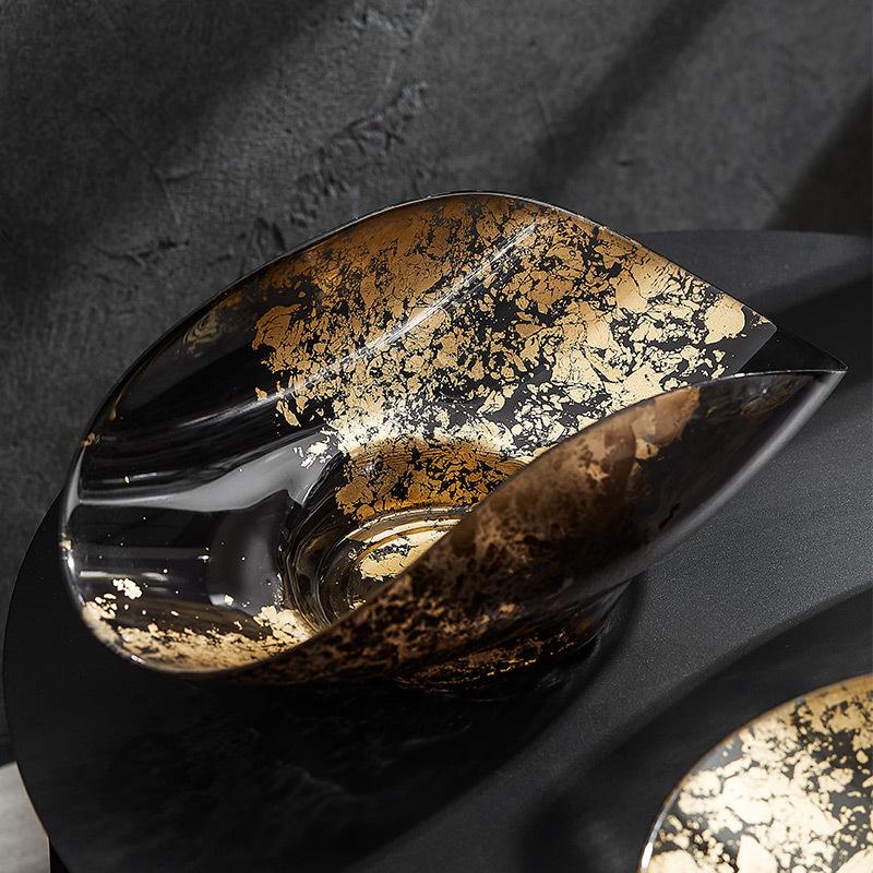 Gold Leaf Fruit Plate European Handmade Creative Glass Plate Home Decoration Glass Container Food Fruit Plate