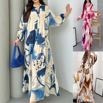 New Boho Floral Print Long Dress Loose Fit Long Sleeve V-Neck Plus Size For Women
