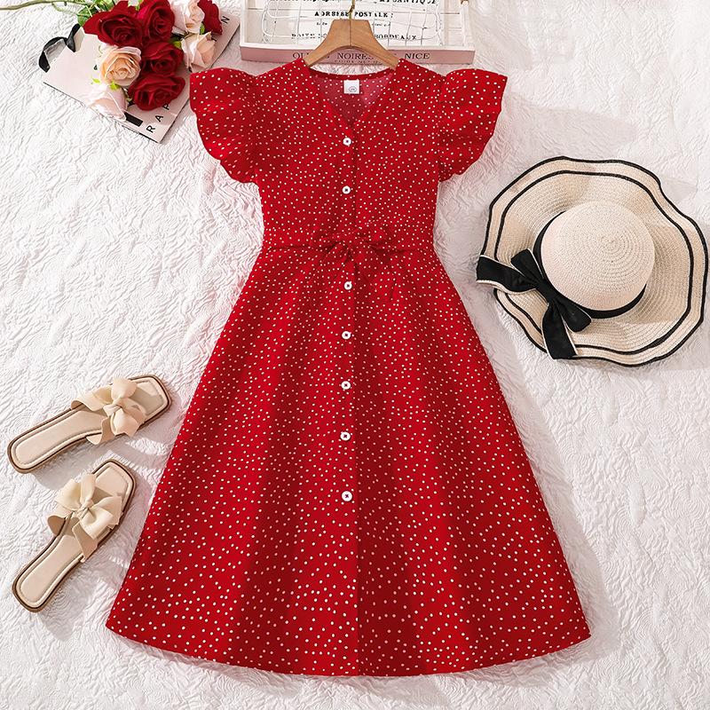 Girls Fashionable Red Dress Summer Children s Casual Polka Dot Dress 130cm=8Y красный