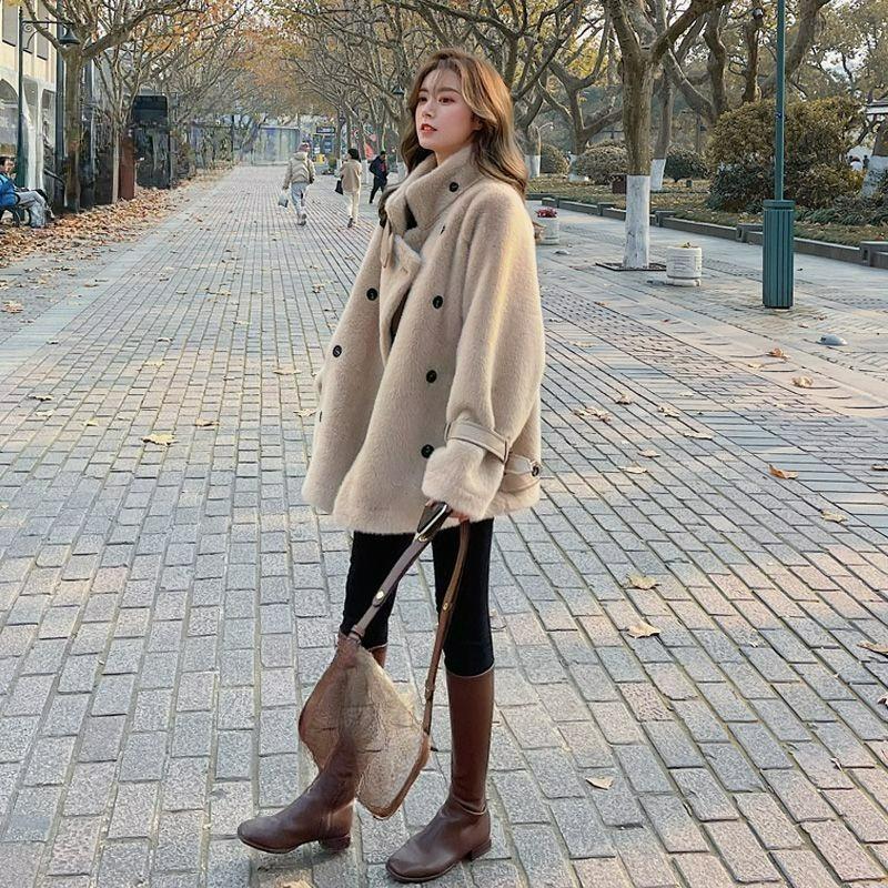 Toamnă și Iarnă Imitație Mătase de Nurcă Catifea Gros Blană Dintr-o Bucată Lână de Miel Larg și Subțire Palton Femei Lungime Medie