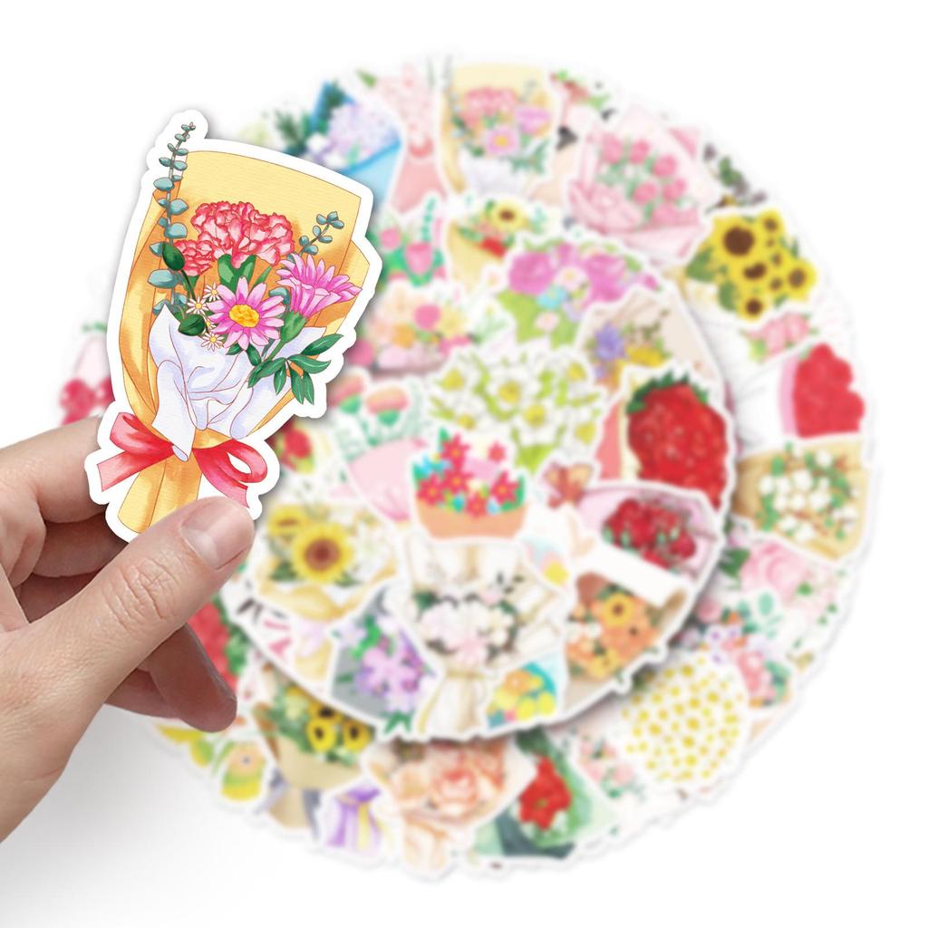 50pcs Cartoon Bouquet Flowers Stickers: Waterproof Decorative Stickers for Suitcases & Notebooks