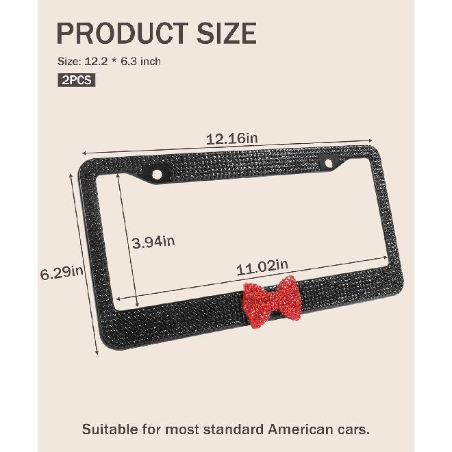 License Plate Frame,Cute Car Accessories Stainless Steel Crystal Car Plate Covers,Shiny Rhinestones Premium License Plate Holder With Mounting