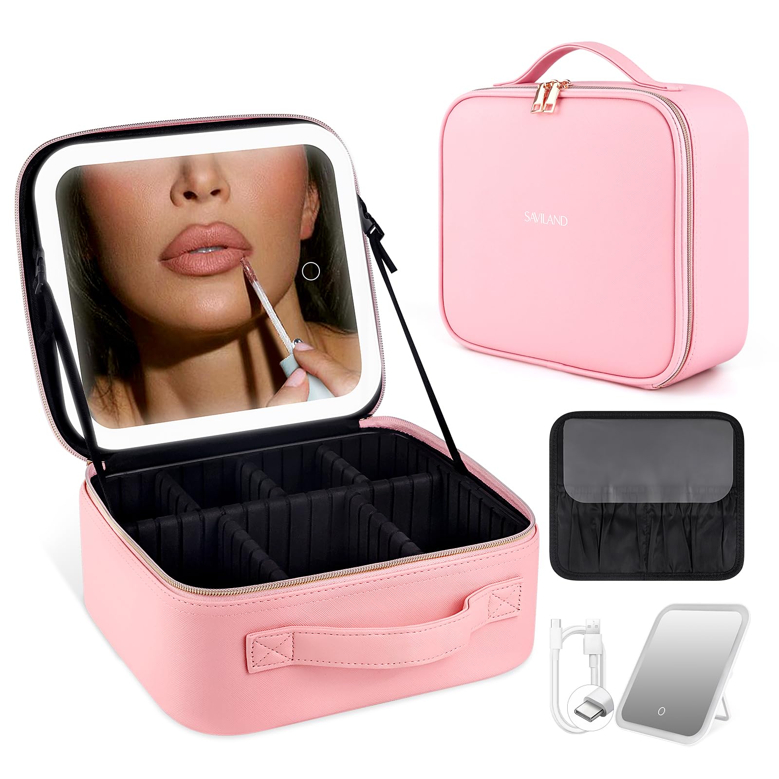 

Saviland Travel Nail Storage Футляр для хранения лака для ногтей из искусственной кожи Косметичка-органайзер для лака для ногтей Косметичка с подсветкой Зеркало 3