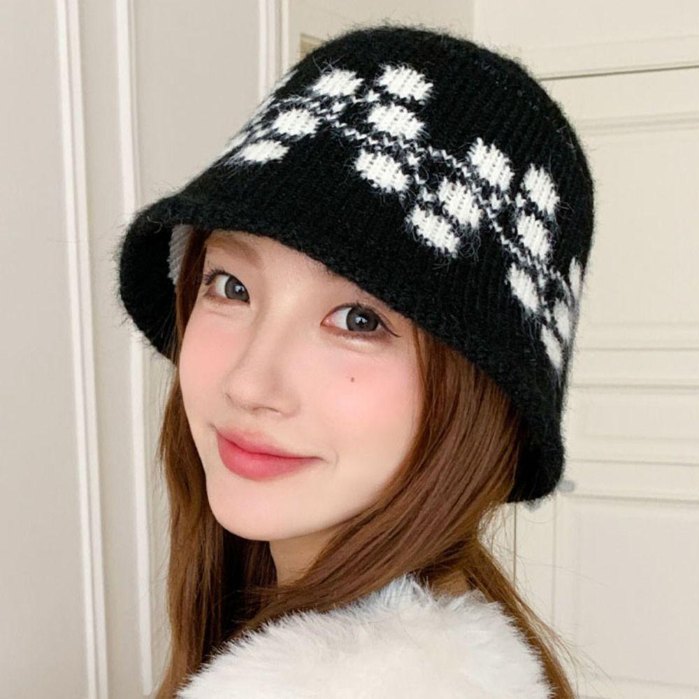 Sweet Floral Knitted Bucket Hat Retro Warm Fisherman Hat Jacquard Woolen Hat  Autumn and Winter