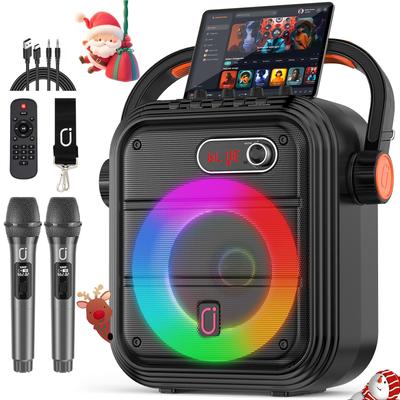 Karaoke systém se 2 bezdrátovými mikrofony, RGB světlo, PA systém s výškovými/basovými ovladači, Bluetooth reproduktor podporuje živé vysílání/monitorování/zvukové efekty