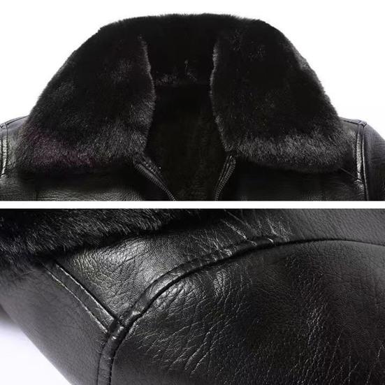 Men Coat Faux Fur Lapel Long Sleeve Faux Leather Jacket Thickened
