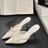 Fashion New Elegant Mesh Fabric Butterfly-knot Pointed Toe Slippers Women Sexy Thin Heels Party Prom Mule Shoes