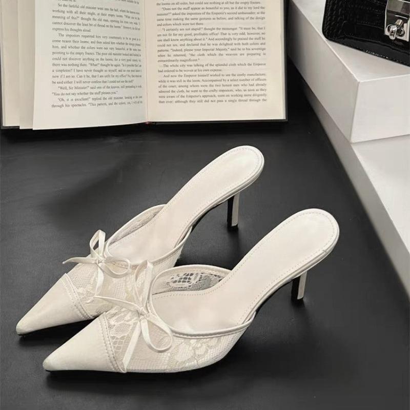 Fashion New Elegant Mesh Fabric Butterfly-knot Pointed Toe Slippers Women Sexy Thin Heels Party Prom Mule Shoes