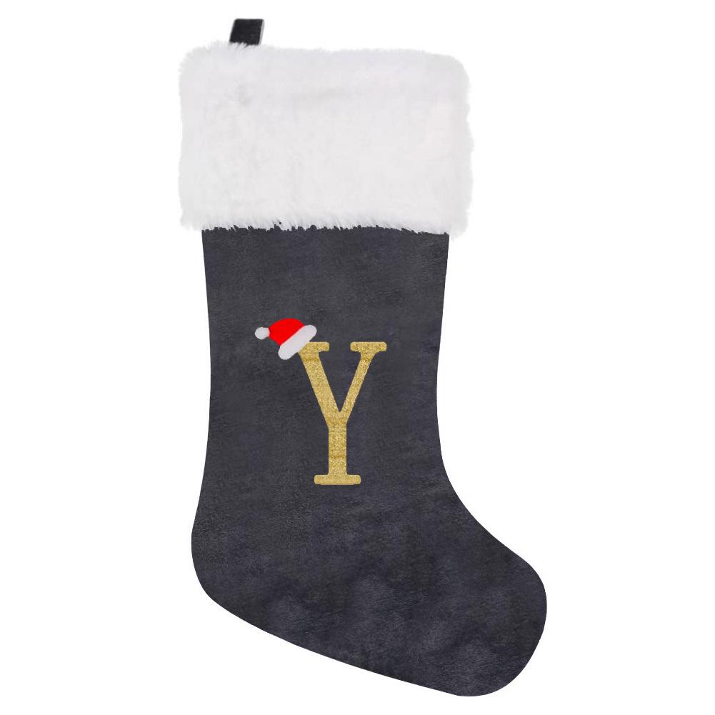 2026 Christmas Decorations: Grey Velvet Embroidery Letter Stocking Gift Bag