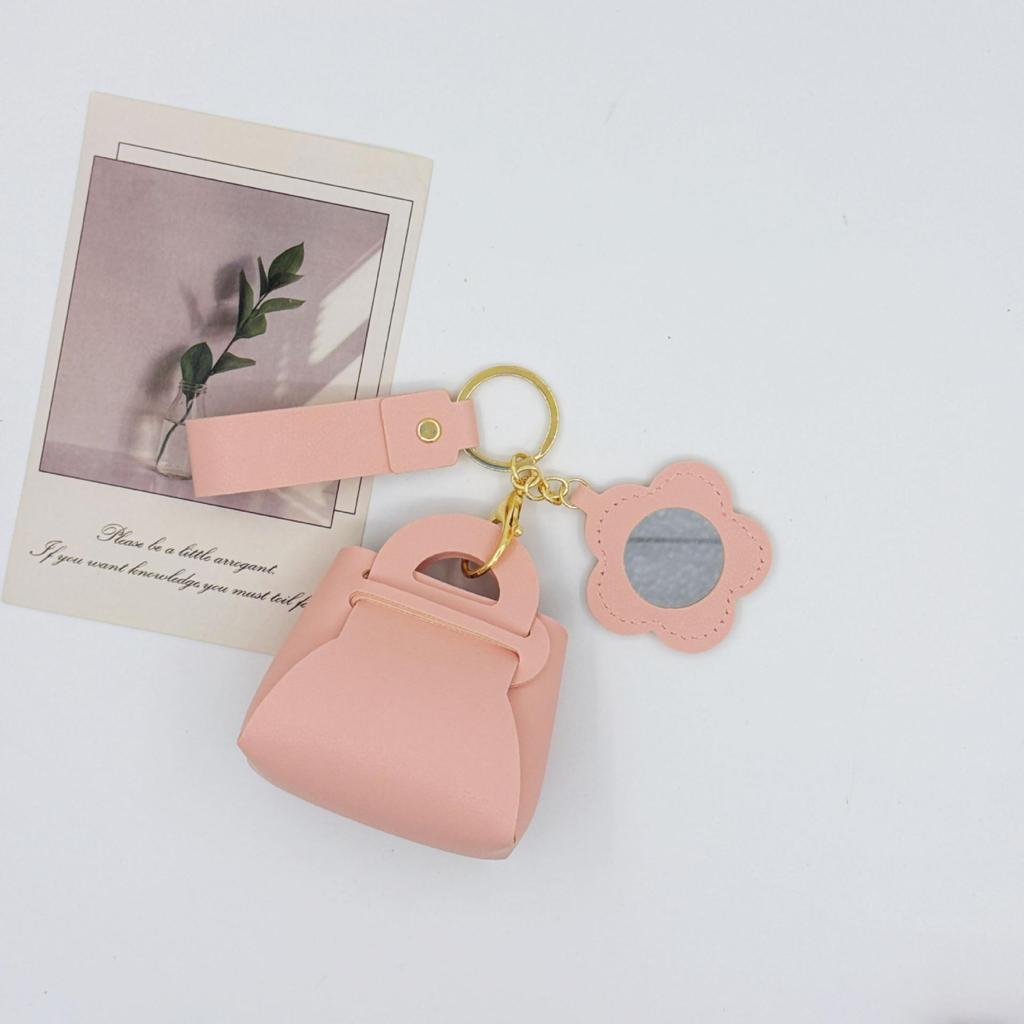 Korean Leather Handbag Keychain with Mini Mirror and Pouch Charm