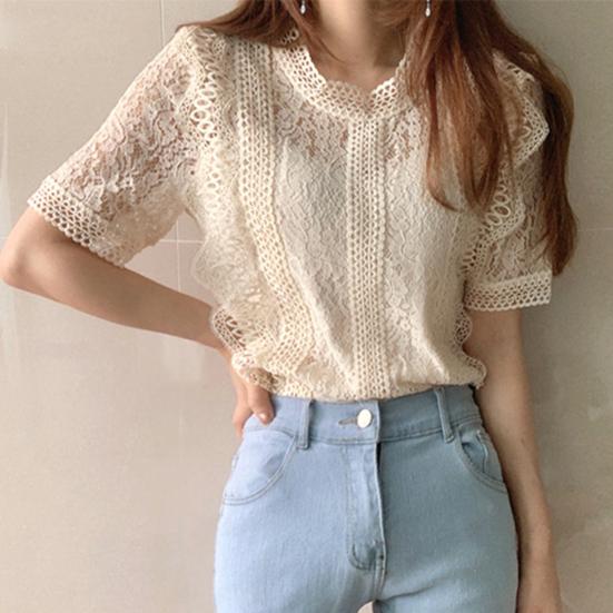 O-neck Short Sleeve Loose Summer Blouse Casual Lace Hollow Out Elegant Shirt Workwear