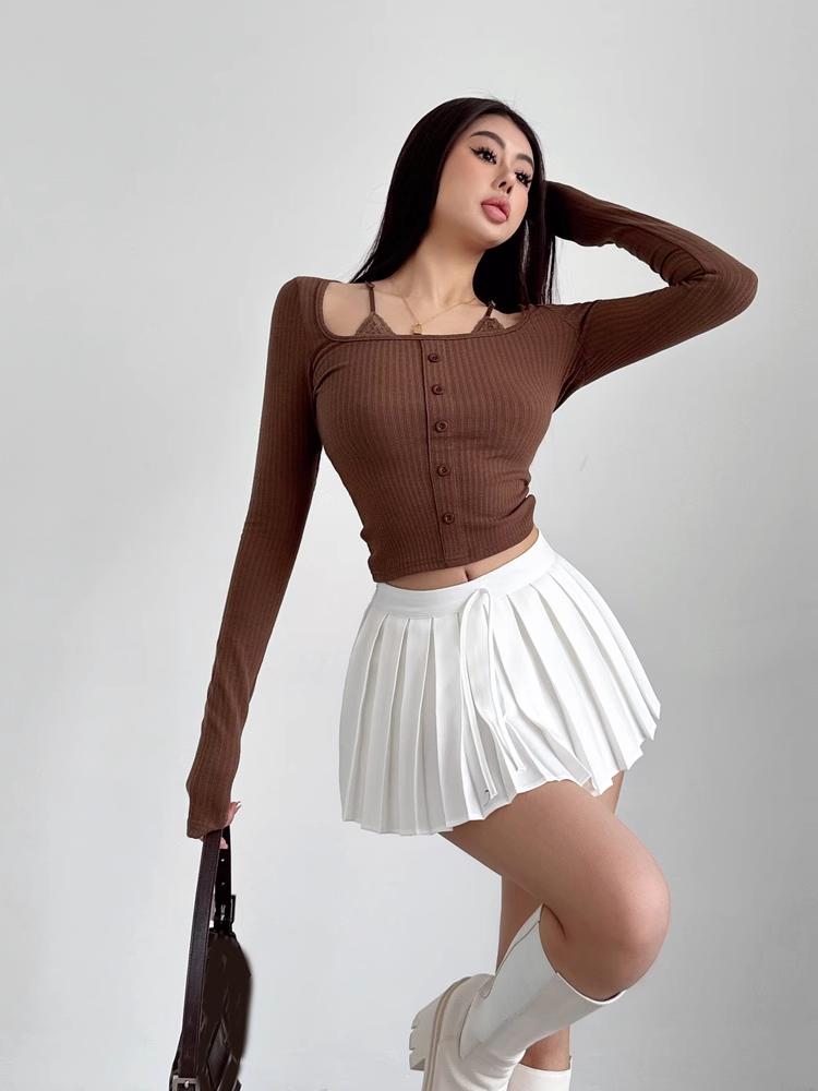 Šedá skládaná sukně Dámské Šněrovací Léto Preppy Styl Nízký pas Y2K Mini Krátké sukně Culottes Bílé