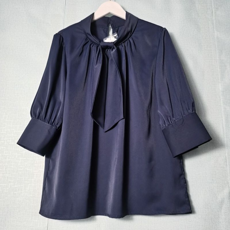Export Tail Goods Ribbon Half Sleeve Shirt Women's Professional Commute Shirt Easiest for Match Stylish Bottoming Shirt Office Lady Style