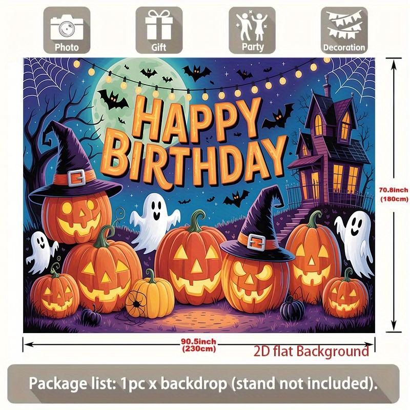 One Halloween-themed birthday backdrop - featuring a grotesque witch hat pumpkin lanterns and a haunted house designzyc