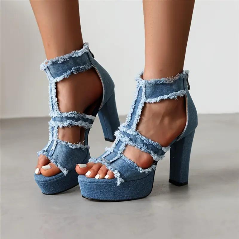 Open Toe Denim Women's Sandals Ankle Strap Stiletto Peep Toe Cutout Zipper High Heels Sandals Casual Daily Shoes Plus Size 43