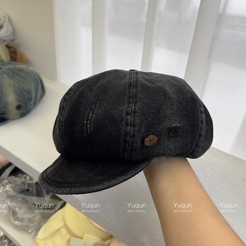 British Style Retro Washed Old Button Beret Women's Spring and Summer Literature and Art Big Head Circumference Showing Face Small Denim Octagonal Hat