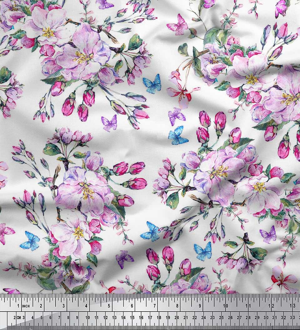 

Японська креп-сатин Soimoi Тканина з принтом «Метелик, листя та квітка лютик» 1 метр 42 дюйма 42 Inch Wide - Poly Crepe білий