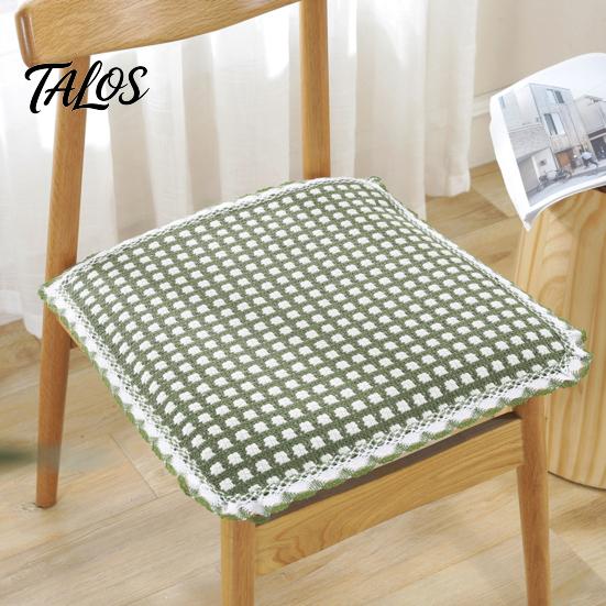Thin Seat Pad for Home Cotton Linen Chair Pad, Striped Plaid Dining Mat with Lace Trim, Lightweight Wood Chairs Breathable Ties Office Barstool