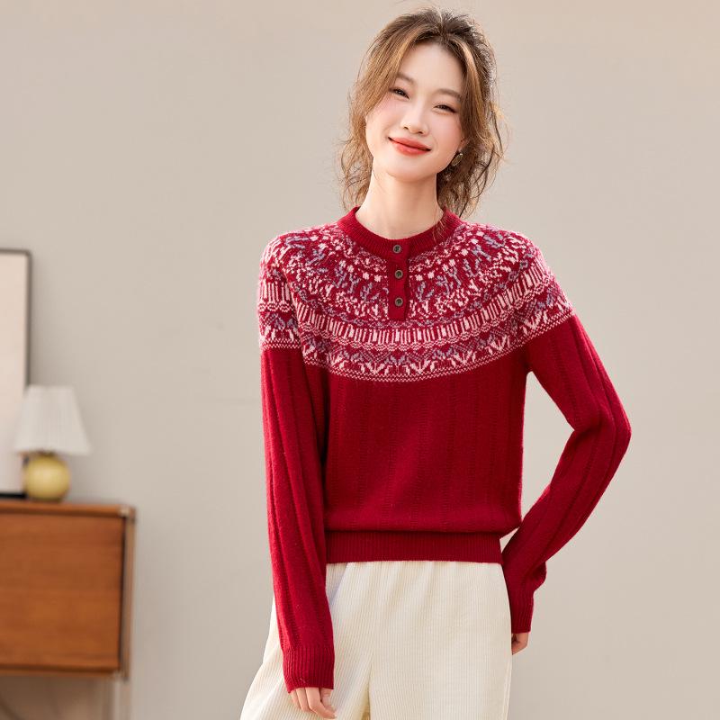 Red Fair Isle Jacquard Wool Sweater - Loose Round Neck Knit Top for Small Person