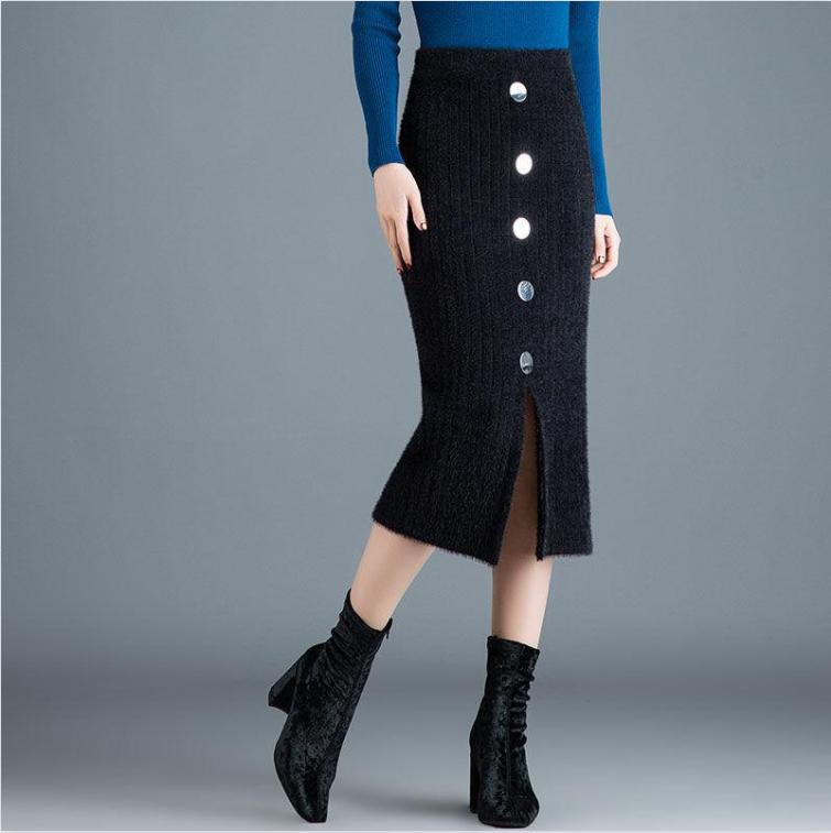 Autumn Winter Women's Temperament Breasted Midi Knitted Skirt Female Skirt High Waist Thicken Pockets Slim One Step Hip Skirt
