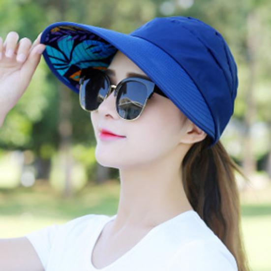 Women Solid Color Wide Brim Beads Flower Decor Sun Hat Visors Outdoor Sports Cap