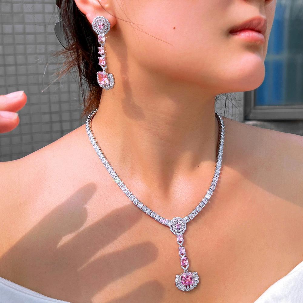 Luxury Bridal Banquet Necklace Earrings Ring Set Super Shiny Zircon Earrings Pendant Temperament Earrings