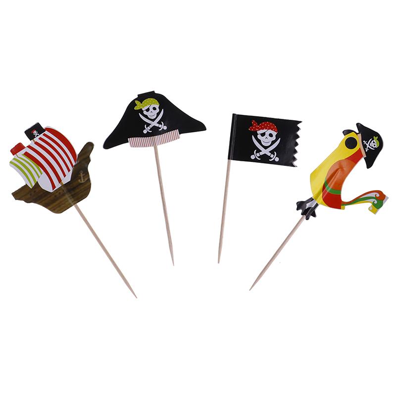 24Pcs Cake Toppers Pirate Theme Fruit Picks Insert Card Halloween Party Decor
