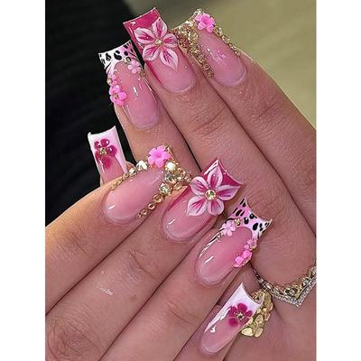 24 Stück/Set Y2K Mittellange Aufstecknägel, Süßes Rosa Leopardenmuster, Französische Maniküre Und 3D-Blumendekor-Design, Geeignet Für Mädchen/Frauen