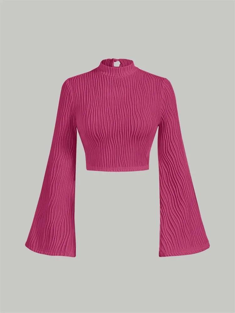 Long Sleeve Crop Top Phumee Textured Mock Neck Solid color A1144