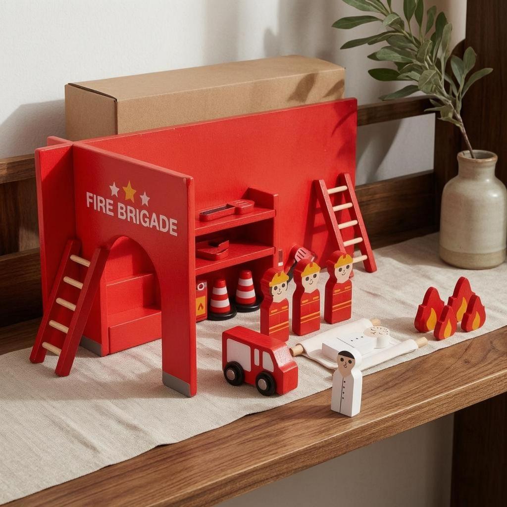 Wooden Fire Station Set Painted Assist Toy Scene Bright Red Firefighter Figure for Kids