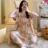 Cotton and silk nightgown women's summer thin short-sleeved cartoon printed pajamas can be worn outside long large size loose knee pajamas