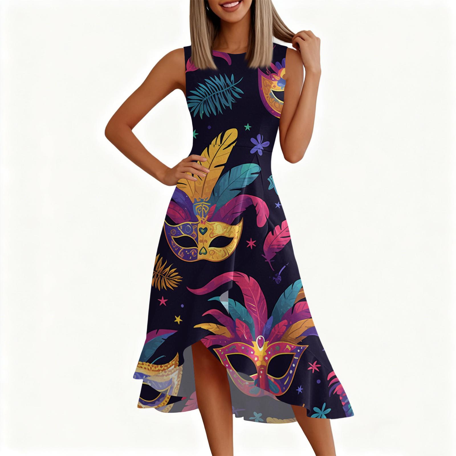 

Женское модное повседневное платье без рукавов с круглым вырезом, принтом, оборками и молнией S