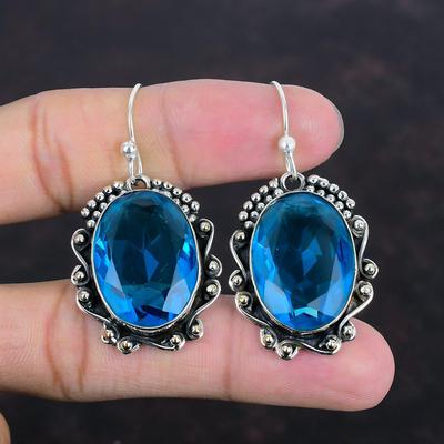 Faceted Swiss Blue Topaz Earring Handmade Gemstone Jewelry 925 Sterling Silver Earring Swiss Blue Topaz Jewelry Dangle Earring Gifts For Her
