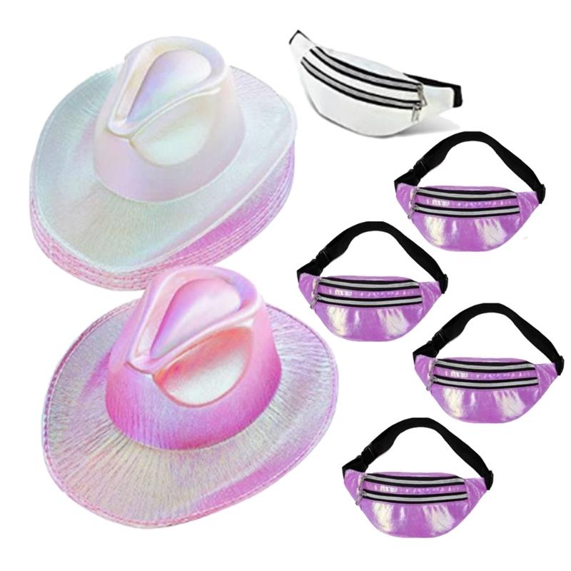 

Голографическая ковбойская шляпа с поясной сумкой, сверкающая блестками, свадебная, для девичника, мерцающая ковбойская шляпа, реквизит для фото