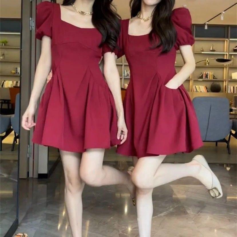 

Summer Square Neck Puff Sleeve Ruched Slimming Dress for Women M