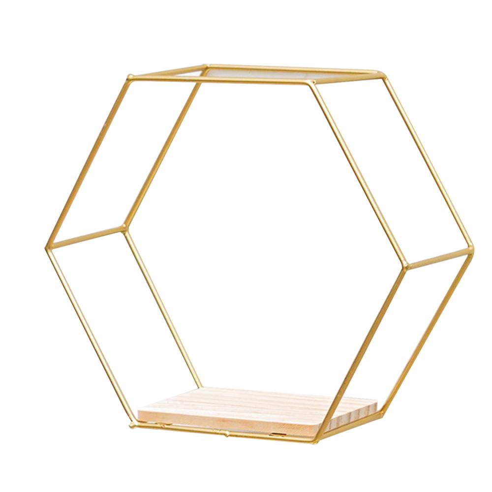 Wooden Board Metal Framed Storage Holder Rack Nordic Wall Mounted Floating Hexagon Shelf Geometric Frame Stand Rack Home Decor