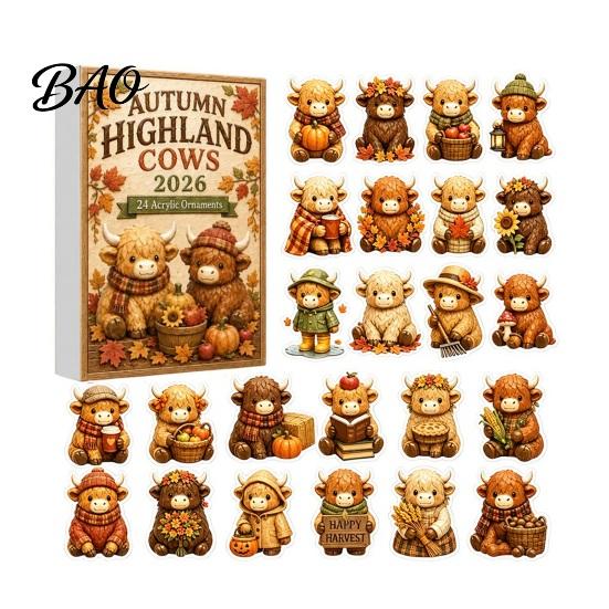 Decorative Tabletop Display 2026 Highland Cow Advent Calendar, 24 Day Christmas Countdown Calendar with 2D Acrylic Collectible Durable Hanging Pieces