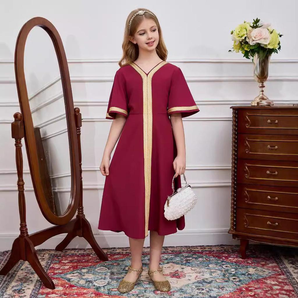 Children's Fashionable Middle Eastern Abaya with Golden Lace Trim