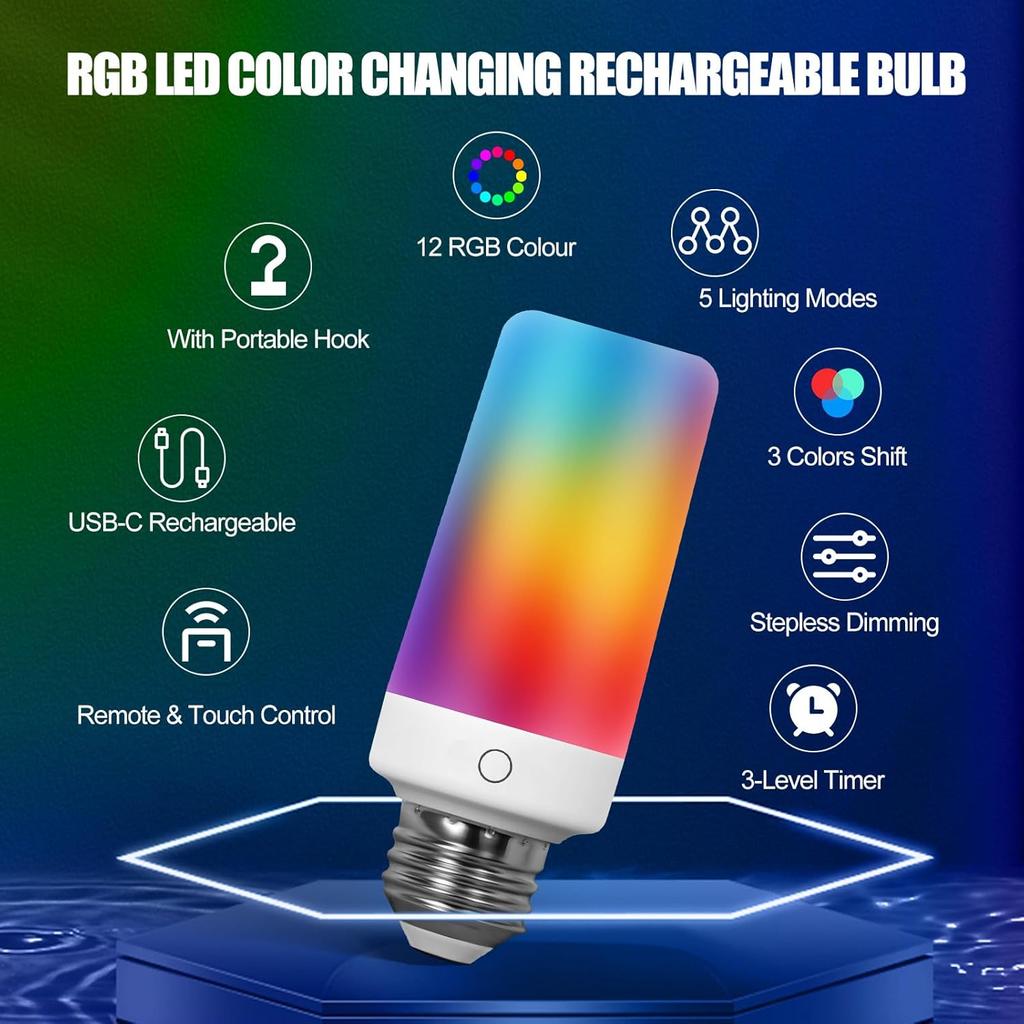 2 Pack Rechargeable Emergency Light Bulb with Remote, Color Changing Battery Powered USB LED Bulbs 12 RGB Color Dimmable E26 120 Volt 9W for Power