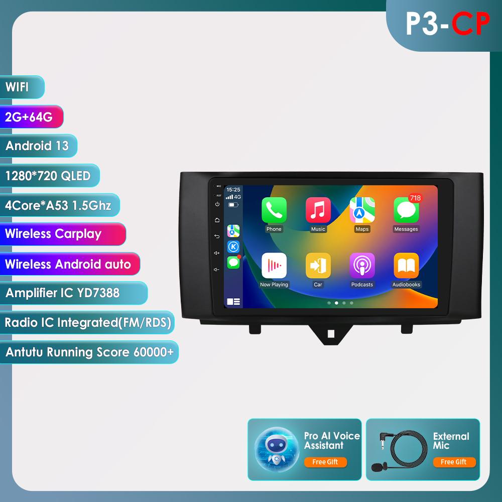 Hizpo Autorádio Carplay 4G Android 13 pro Smart Fortwo 2011-2015 Multimediální přehrávač videa GPS 2din Autorádio Inteligentní obrazovka WIFI Bluetooth RDS FM