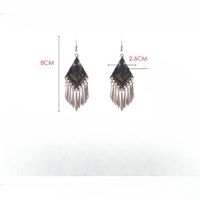 GemChic Women's New Vintage Rhomboid Natural Stone Long Tassel Fringe Earrings Ethnic Fashion Hook Earrings Birthday Christmas Jewelry Gift