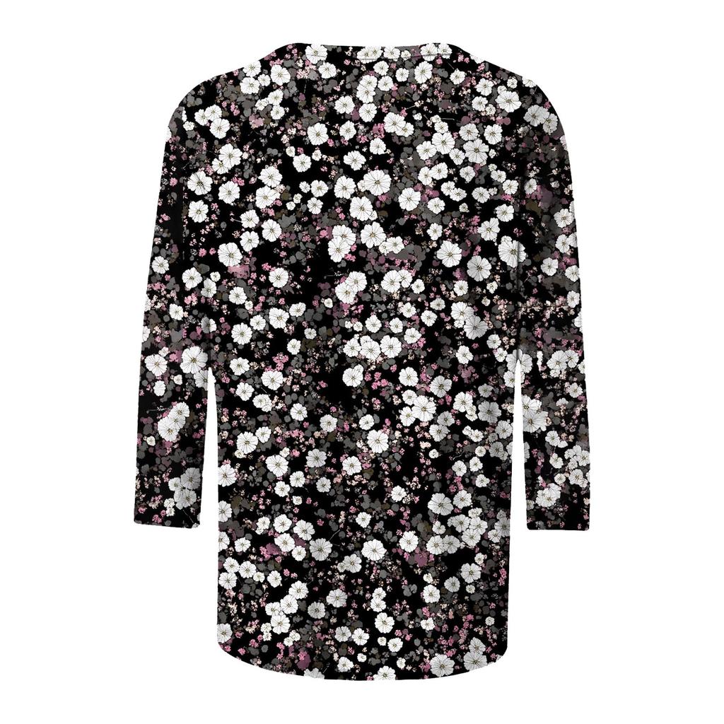 Women's Fashion Casual Three-quarter Sleeve Floral Print  Neck Top