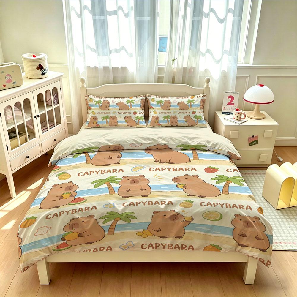 3er-Set Capybara Strand-Print Bettbezug Niedliches Tier Weiches Mikrofaser-Bettwäsche-Set mit Kissenbezügen Bettdeckenbezug Schlafzimmer Dekor